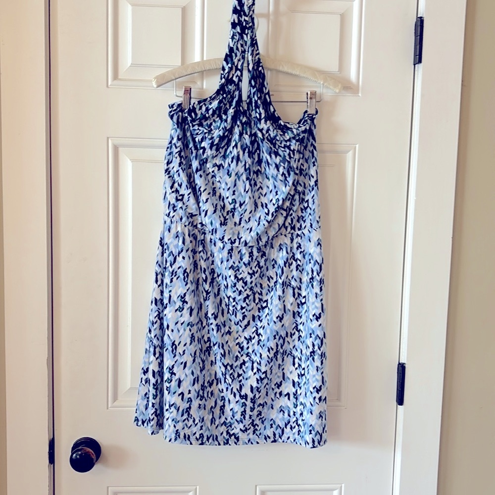 White House black market multi blue colored halter style dress. size LARGE